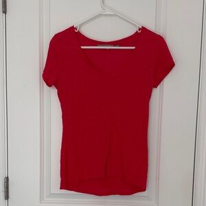 Women's Red V-Neck Short Sleeve Top. Burnout fabric style .